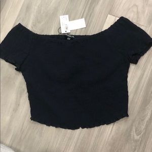 Navy Blue Smocked Off The Shoulder Crop-Top